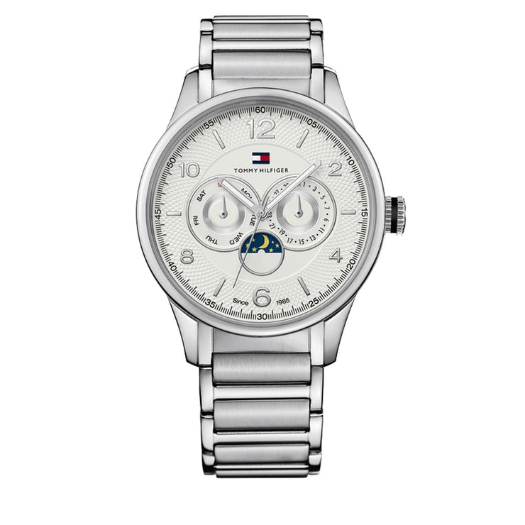 Men's Silver Stainless Steel Watch w Sun-Moon Dial