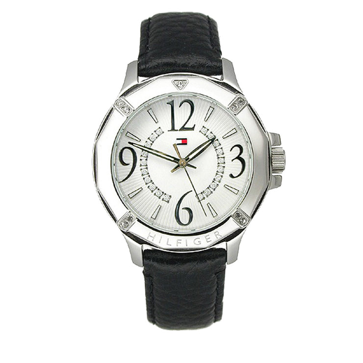 Tommy Hilfiger Ladies' Black Leather Watch w Crystal Accents on Bezel & White Dial