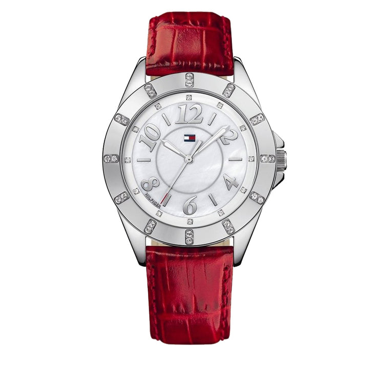 Tommy Hilfiger Ladies' Red Leather Watch w Crystal Bezel & White Dial