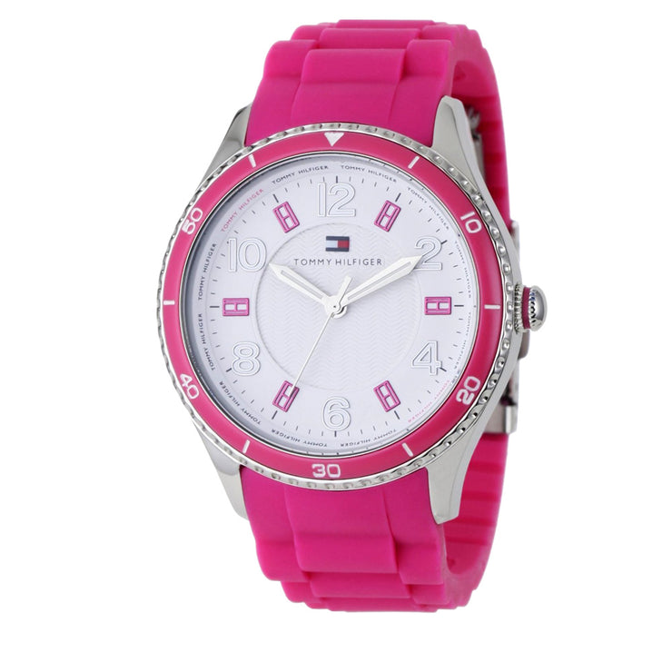 Tommy Hilfiger Ladies Pink Silicon Strap & Ceramic Bezel Watch w Round White Dial