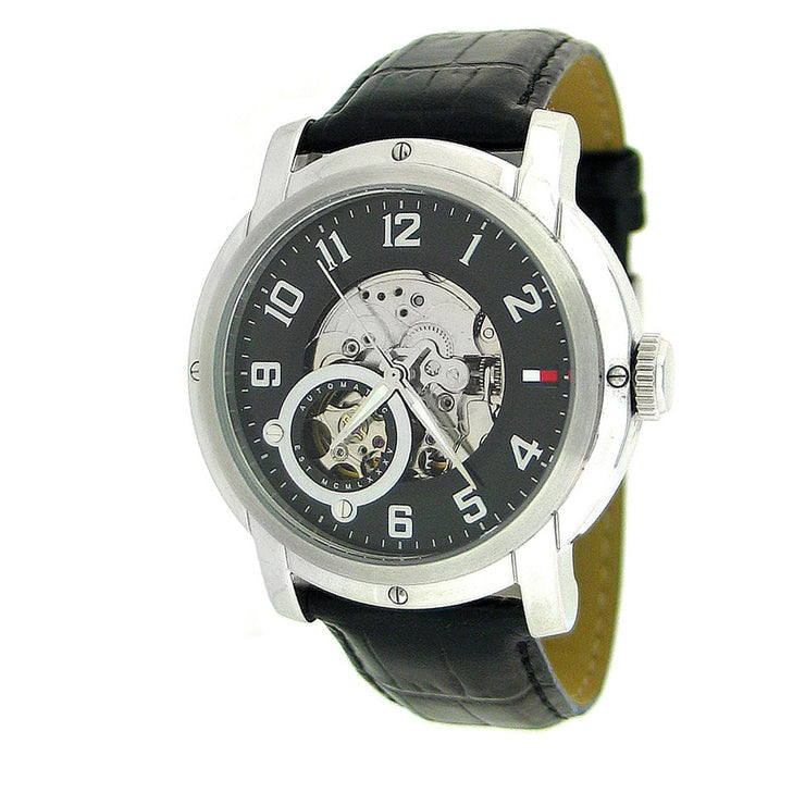 Tommy Hilfiger Mens' Automatic Black Leather Watch w Black Dial