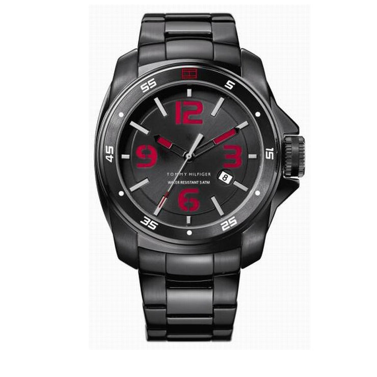 Tommy Hilfiger Men's Black Stainless Steel Watch w Red Accents