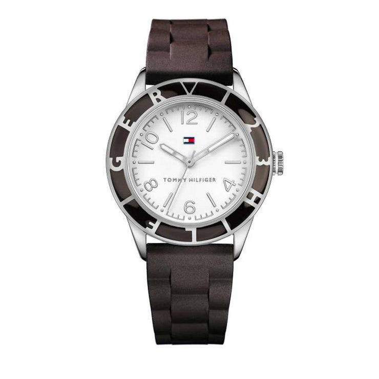Tommy Hilfiger Ladies' Dark Brown Silicone Strap Watch w Round White Dial