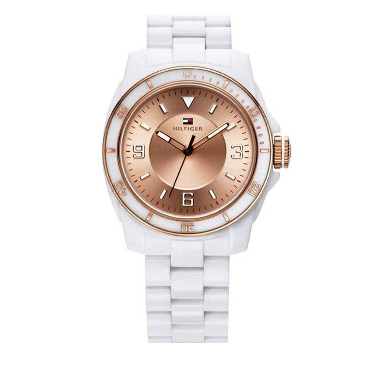 Tommy Hilfiger Ladies' White Resin Strap Watch w Rose Gold Dial