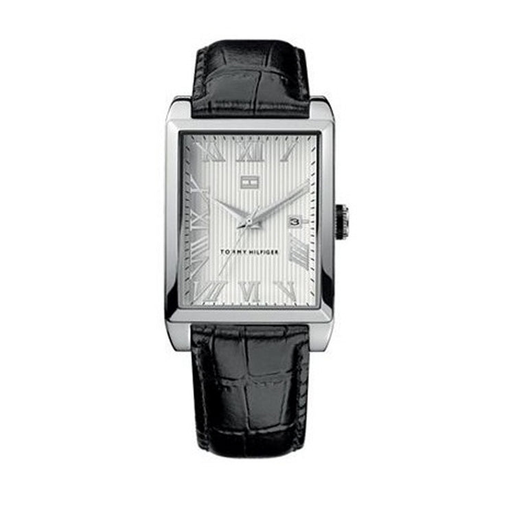 Tommy Hilfiger Men's Black Leather Watch w White Patterned Dial