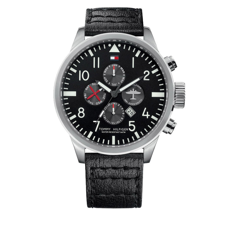 Tommy Hilfiger Men's Black Leather Aerial-Inspired Multi-Eye Watch