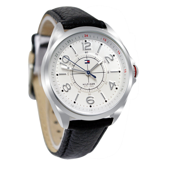 Tommy Hilfiger Ladies Black Leather Strap Watch w Round White Dial