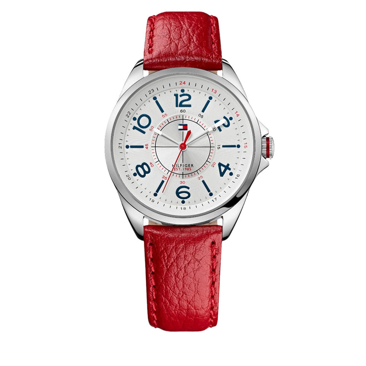 Tommy Hilfiger Ladies Red Leather Strap Watch w Round White Dial