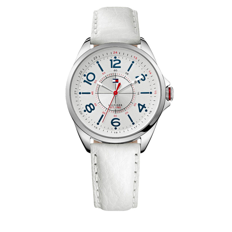 Tommy Hilfiger Ladies White Leather Strap Watch w Contrasting Blue Indices