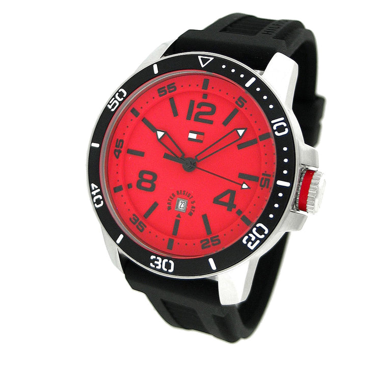 Tommy Hilfiger Men's Black Silicon Watch w Red Round Dial