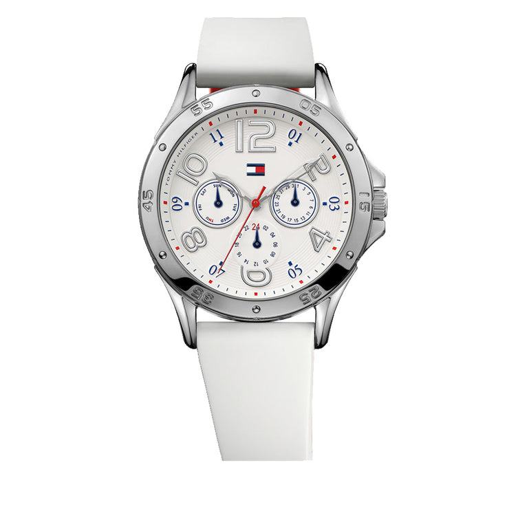 Tommy Hilfiger Ladies White Silicone Strap Round Dial Watch with Red Accent