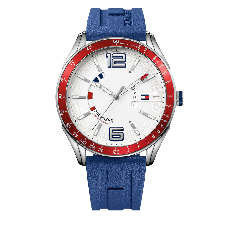 Tommy Hilfiger Watch 1790800- Blue Silicon with Round White Dial & Red Accents Men Watch