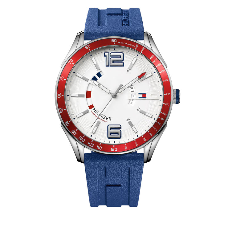 Tommy Hilfiger Watch 1790800- Blue Silicon with Round White Dial & Red Accents Men Watch