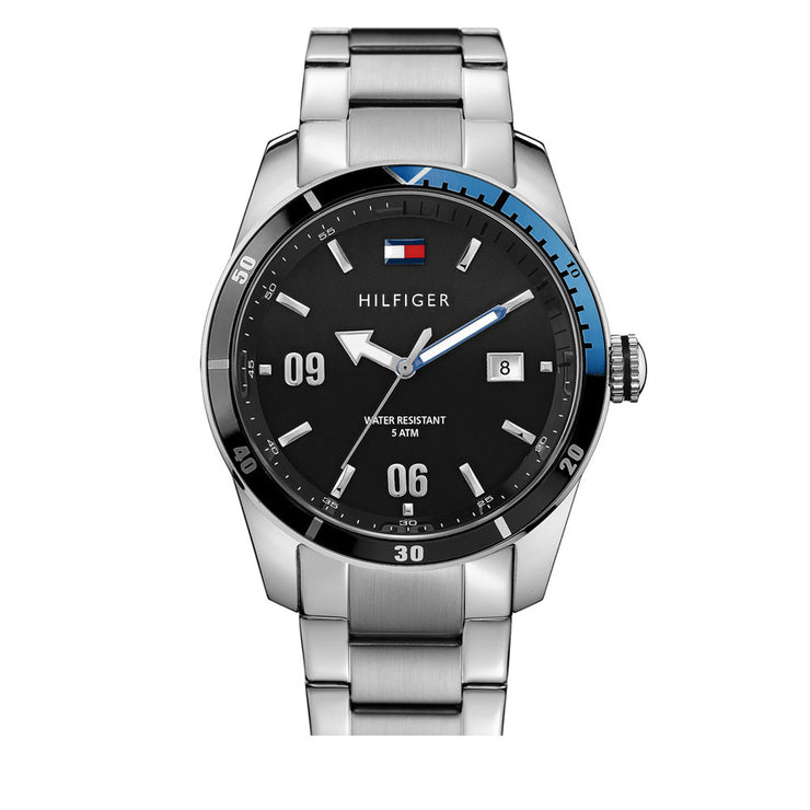 Tommy Hilfiger Watch 1790778- Silver Stainless Steel with Round Black Dial & Blue Accents Men Watch
