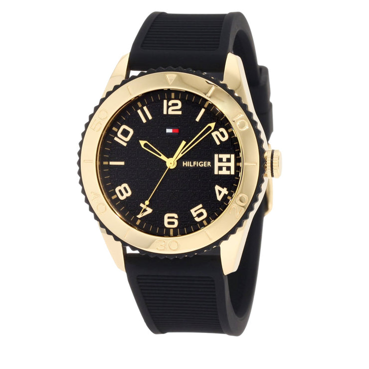 Tommy Hilfiger Ladies Black Silicone Strap Watch w Gold Bezel & Textured Round Dial
