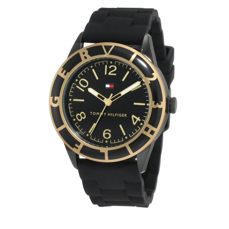 Tommy Hilfiger Ladies Black & Gold Silicone Strap Watch w Hilfiger Bezel