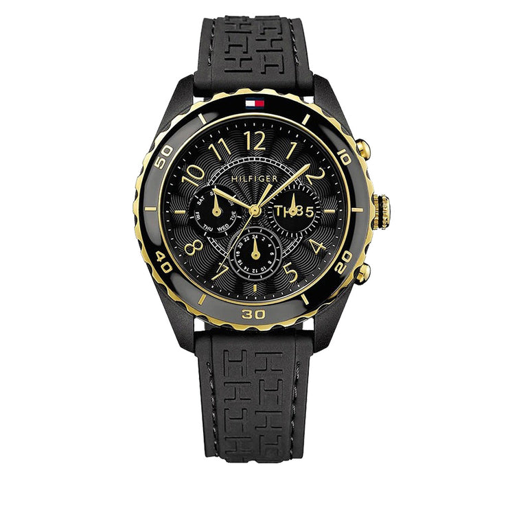 Tommy Hilfiger Ladies Black Silicone Strap Chronograph Watch w Gold Accents
