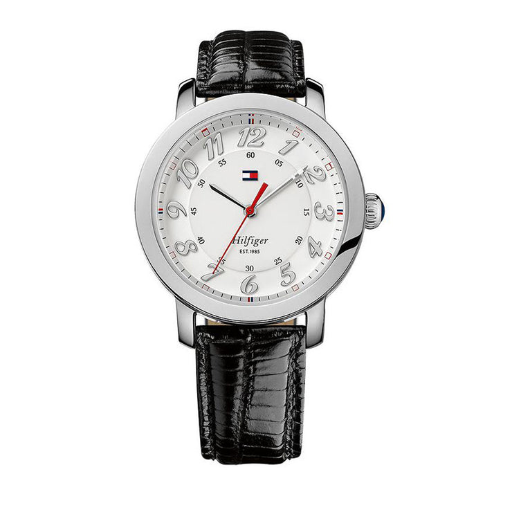 Tommy Hilfiger Ladies' Black Leather Watch w Round White Dial