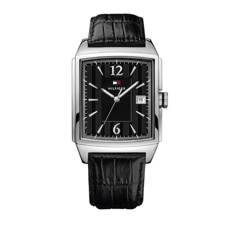 Tommy Hilfiger Men's Black Leather Watch w Rectangular Black Dial