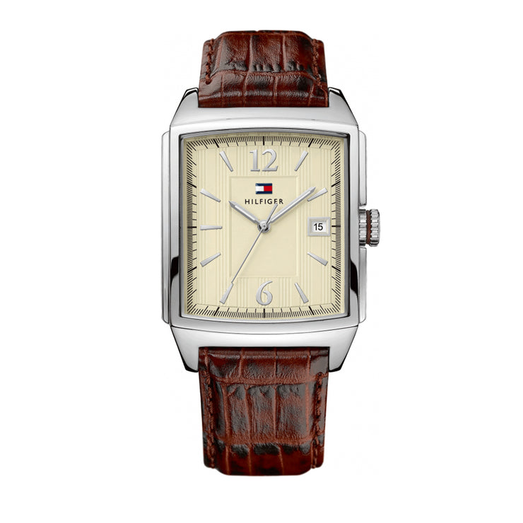 Tommy Hilfiger Men's Brown Leather Watch w Rectangular Beige Dial