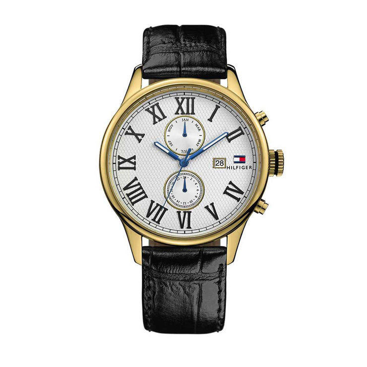 Tommy Hilfiger Men's Black Leather Chronograph Watch w Round Textured Dial