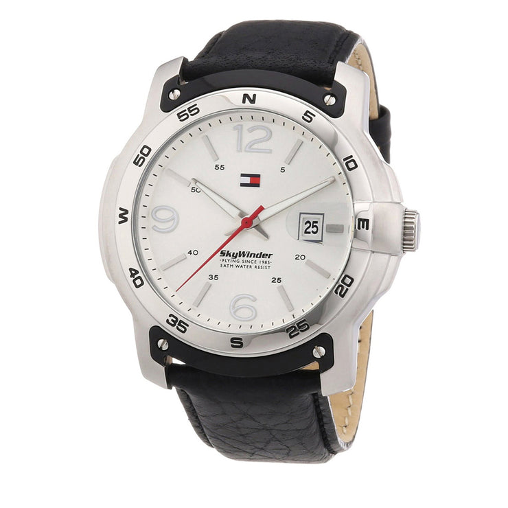 Tommy Hilfiger Watch 1790899- Black Leather with Round Silver Dial Men Watch