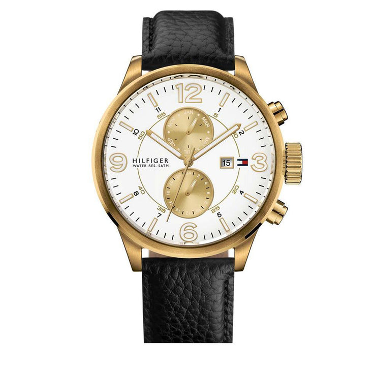 Tommy Hilfiger Watch 1790893- Black Leather with Round White Dial & Gold Accents Men Watch