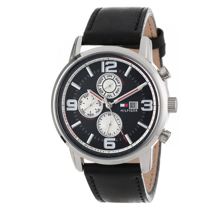 Tommy Hilfiger Watch 1710335- Black Leather with Round Black Dial Men Watch