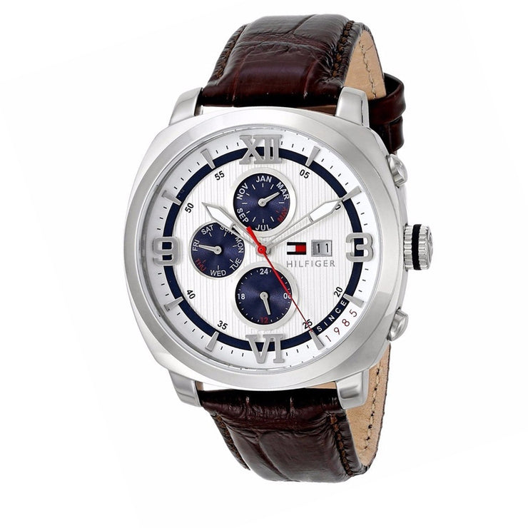Tommy Hilfiger Watch 1790968- Brown Leather with Round White Dial Men Watch