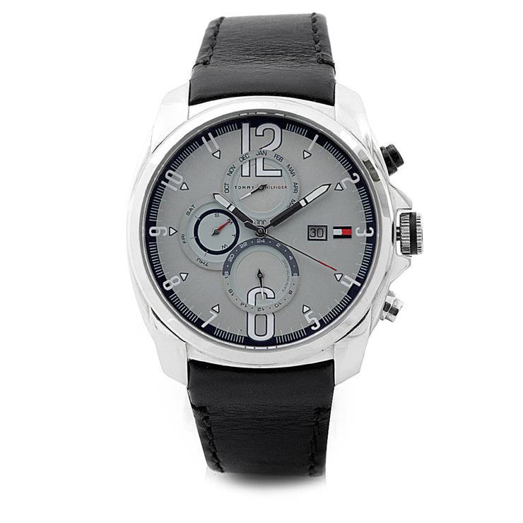 Tommy Hilfiger Watch 1790833- Black Leather with Round Silver Dial Men Watch