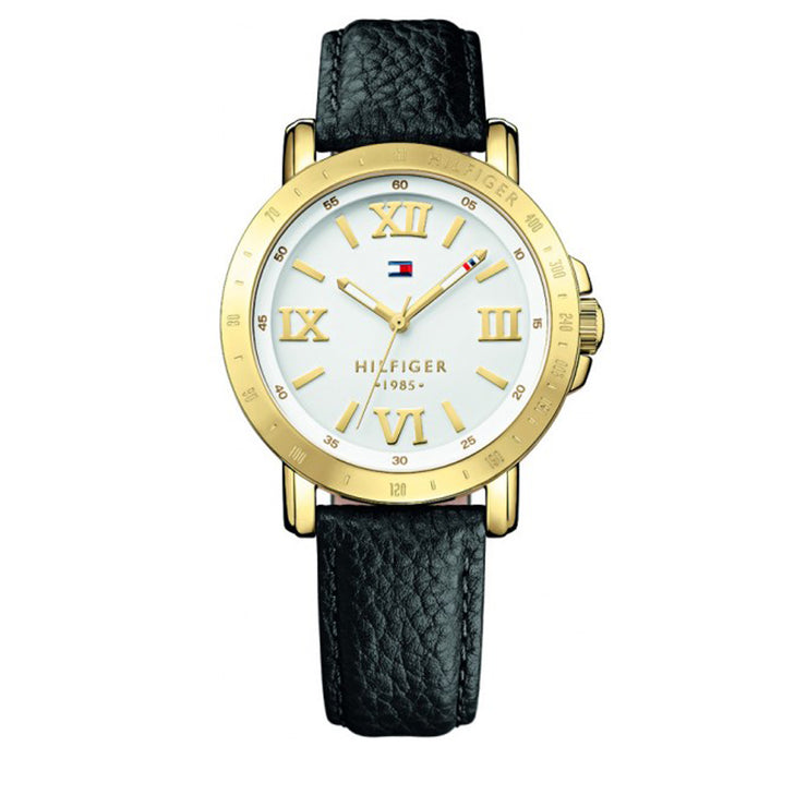 Tommy Hilfiger Watch 1781441- Black Leather with White Round Dial Ladies Watch