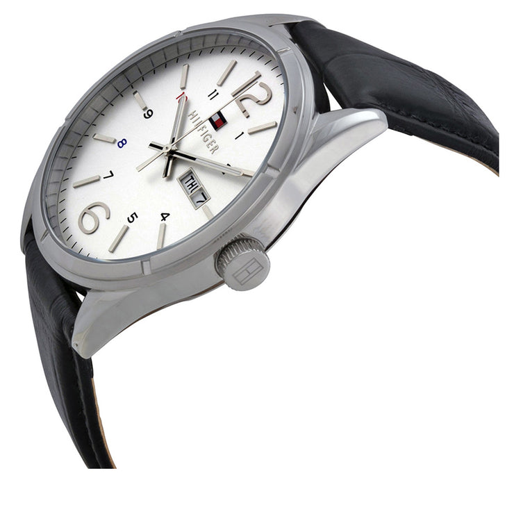 Tommy Hilfiger Watch 1791060- Black Leather with Silver Round Dial Men Watch