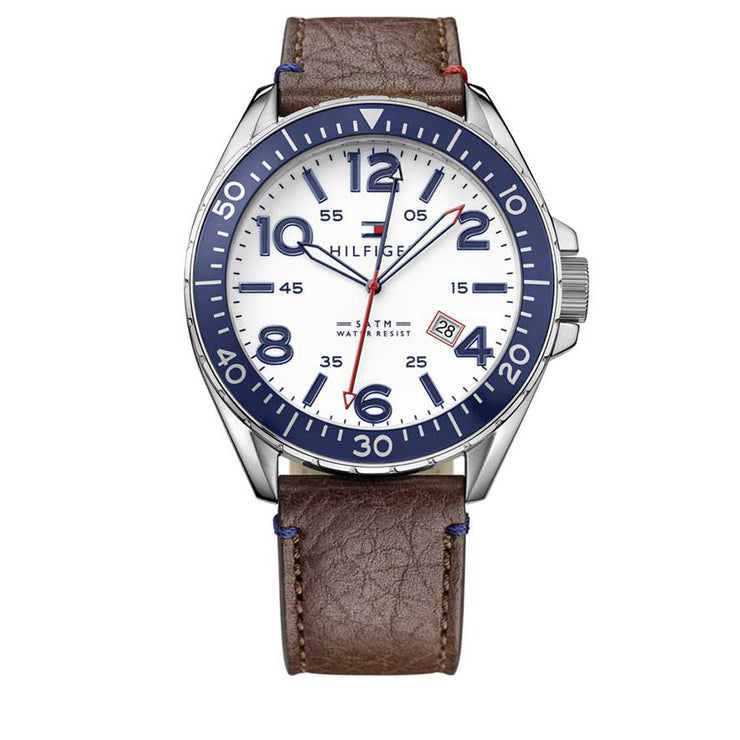 Tommy Hilfiger Watch 1791132- Brown Leather with White Round Dial Men Watch