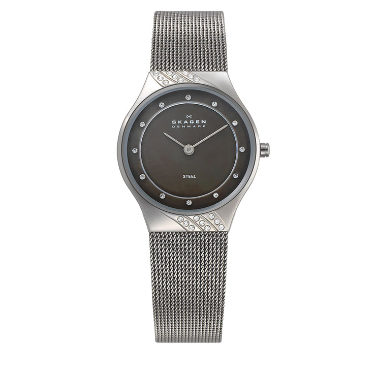 Grey Mesh Strap Patterned Crystal Round Dial Watch