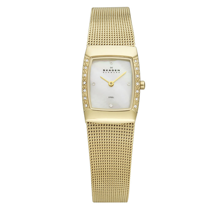 Skagen Gold Mesh Strap Square Dial Watch with Crystal Accent