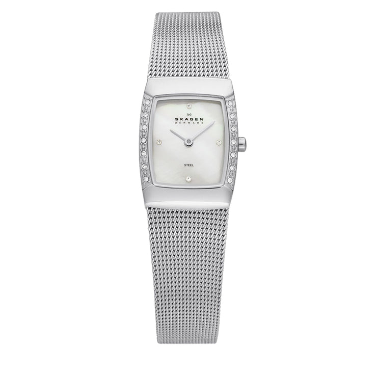 Skagen Silver Mesh Strap Square Dial Watch with Crystal Accent