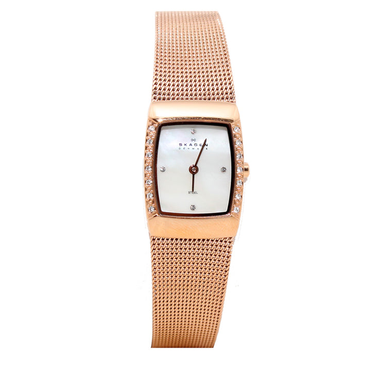 Rose Gold Mesh Strap Square Dial Watch with Crystal Accent