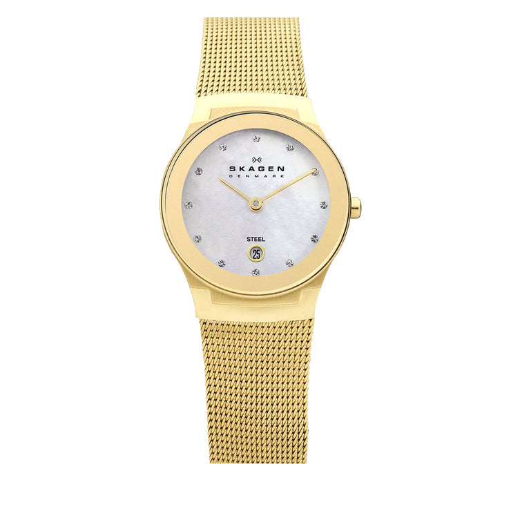 Skagen Women's Gold Mesh Strap Round Mirror Bezel Watch