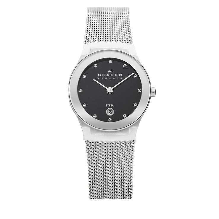 Skagen Women's Silver Mesh Strap Round Mirror Bezel Watch with Black Dial