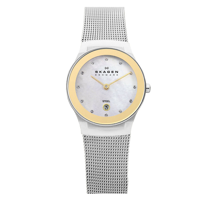 Skagen Women's Silver Mesh Strap with Round Gold Mirror Bezel Watch