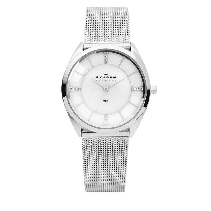 Skagen Women's Silver Mesh Strap with Round Faceted Crystal Face Watch