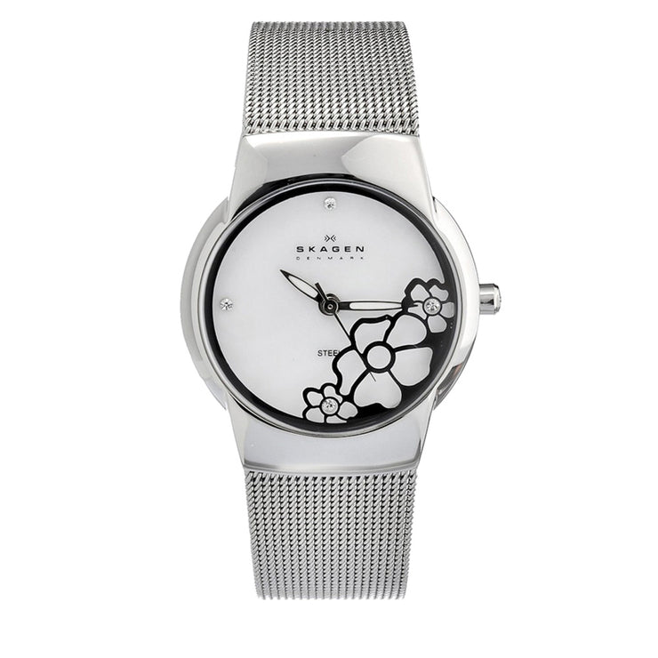 Skagen Ladies' Silver Mesh Strap Watch with Flower Detail on Dial