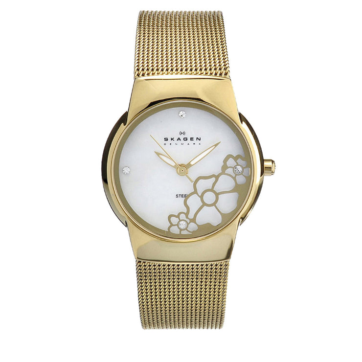 Skagen Ladies Gold Mesh Strap Watch with Flower Detail on Dial