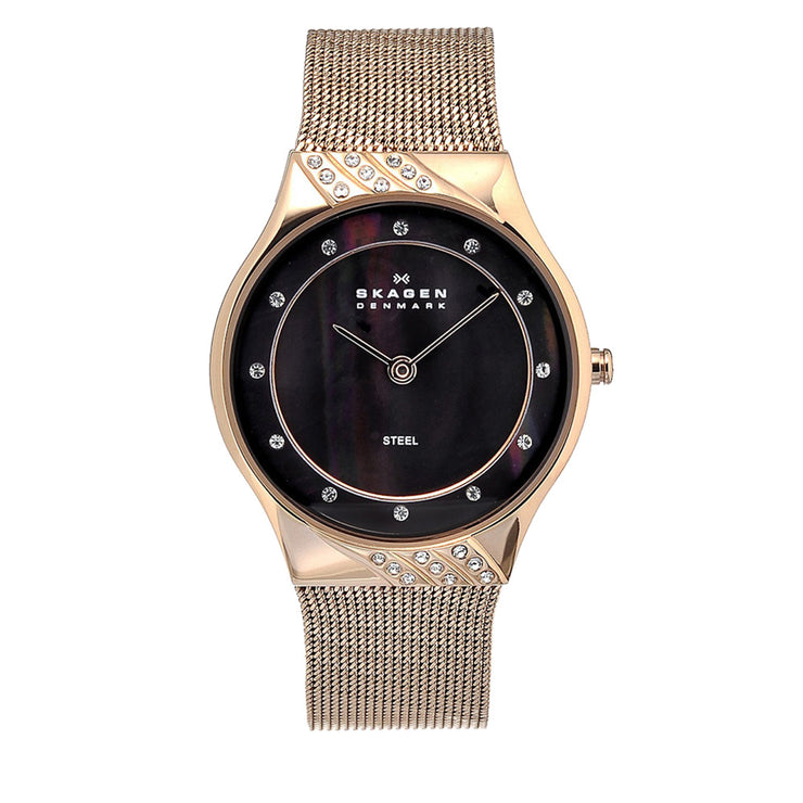 Skagen Women's Rose Gold Mesh Watch with Black Mother of Pearl Dial