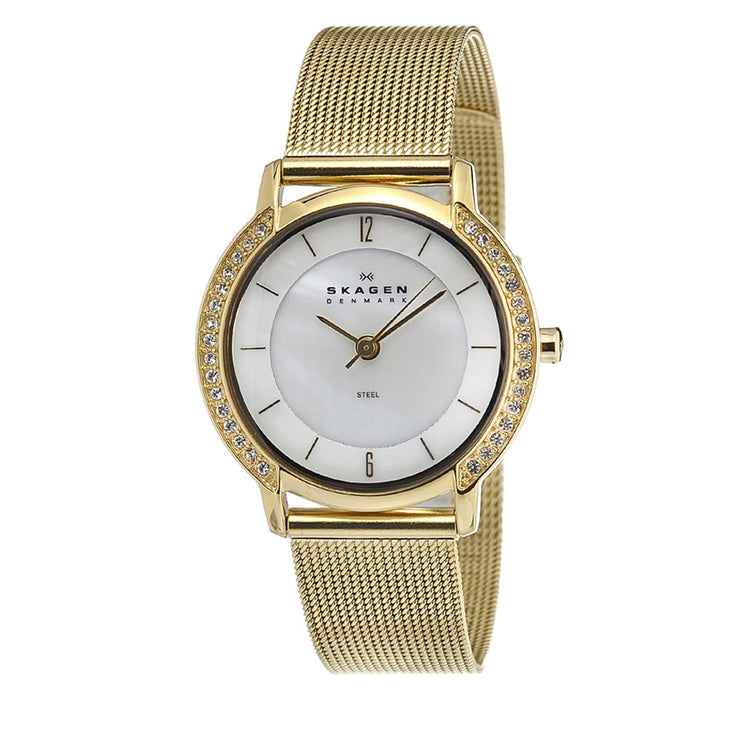 Skagen Women's Gold Mesh Strap Watch with Crystal Bezel & Mother of Pearl Dial