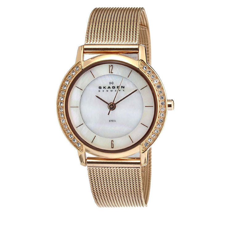 Skagen Women's Rose Gold Mesh Strap Watch with Crystal Bezel & Mother of Pearl Dial