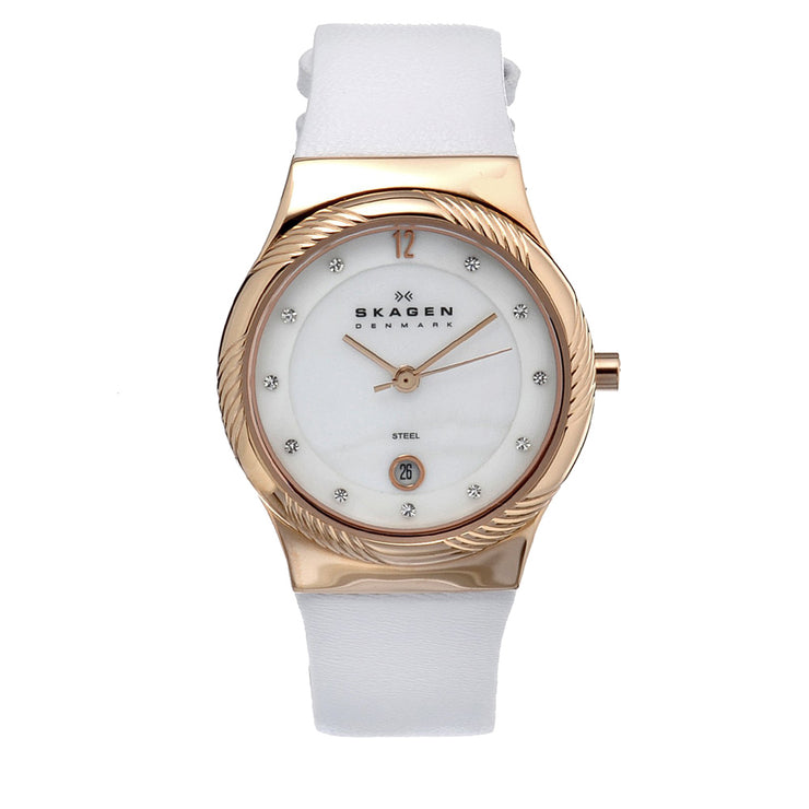 Skagen Women's White Leather Watch with Gold Bezel & Crystal Indices