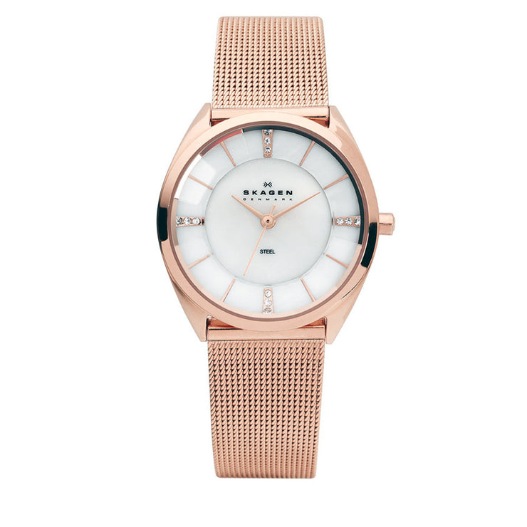 Skagen Women's Rose Gold Mesh Strap Watch with Round Faceted Crystal Face