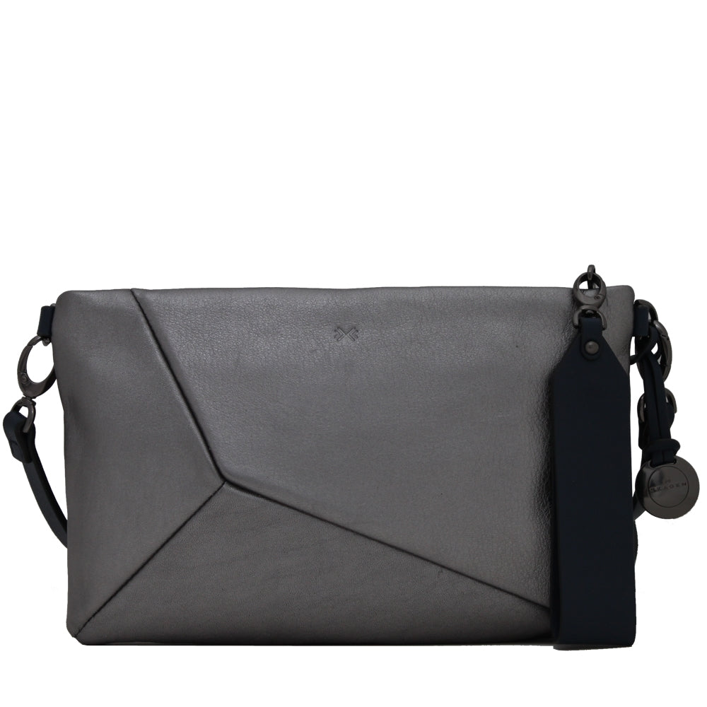Skagen Britta Leather Faceted Ice Small Top Zip Bag Gun Metal Dark Blue