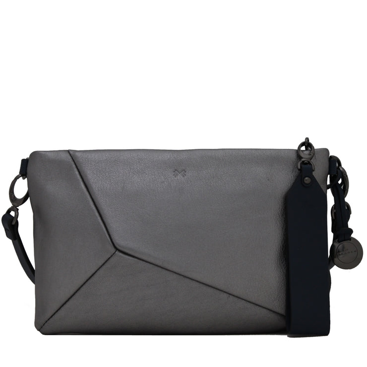 Skagen Britta Leather Faceted Ice Small Top-Zip Bag- Gun Metal-Dark Blue